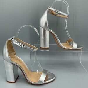 NEW Schutz Women’s Cadey Lee Block Heel Sandals Metallic Silver Size 5B